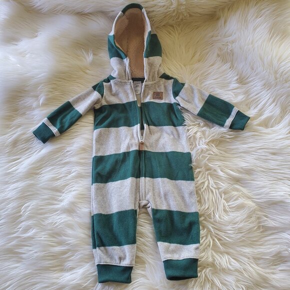 Carter Baby Boy Green/Gray Striped Fleece Hooded Jumpsuit SZ 6M - Picture 1 of 12